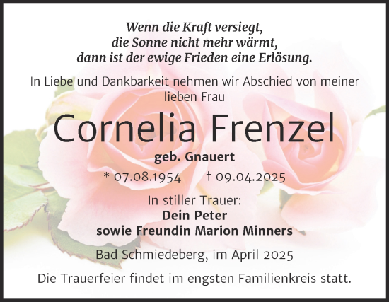 Traueranzeige von Cornelia Frenzel von Trauerkombi Wittenberg