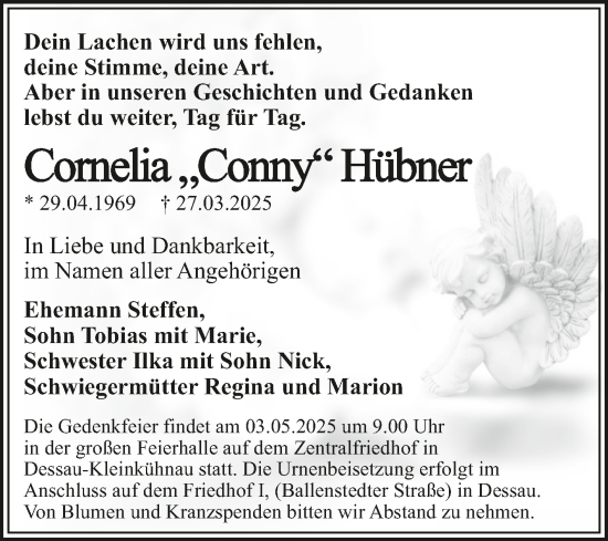 Traueranzeige von Cornelia Hübner von Trauerkombi Dessau