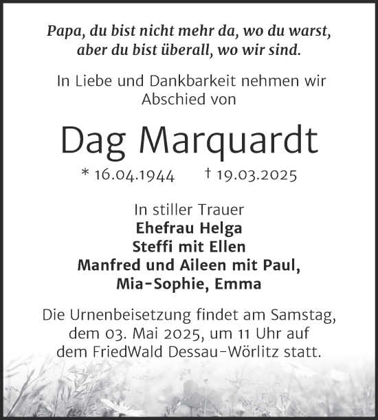 Traueranzeige von Dag Marquardt von Super Sonntag Dessau-Roßlau