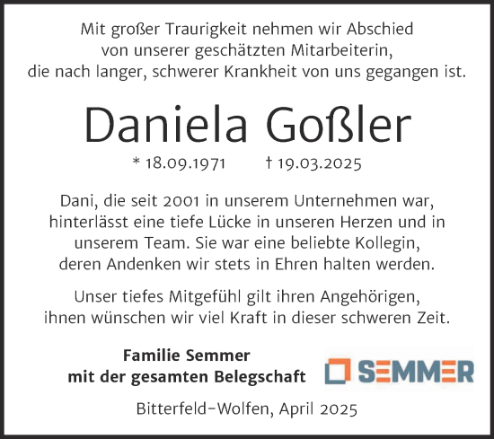 Traueranzeige von Daniela Goßler von Mitteldeutsche Zeitung Bitterfeld