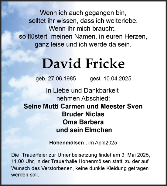 Traueranzeige von David Fricke von Mitteldeutsche Zeitung Weißenfels