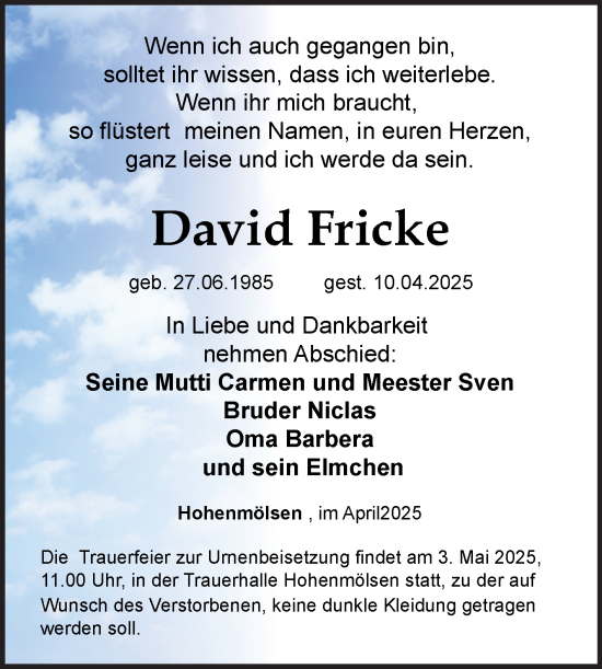 Traueranzeige von David Fricke von Super Sonntag Weißenfels