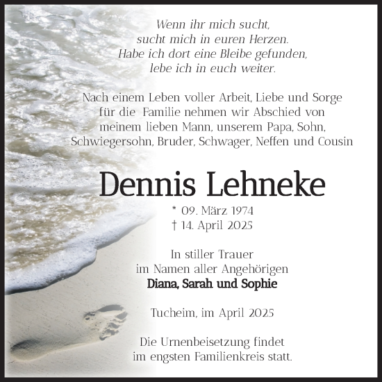 Traueranzeige von Dennis Lehneke von Volksstimme Burg/Genthin