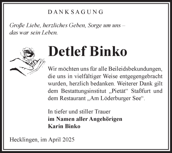 Traueranzeige von Detlef Binko von Volksstimme Staßfurt