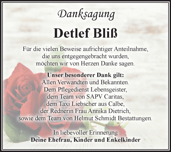 Traueranzeige von Detlef Bliß von Volksstimme Schönebeck