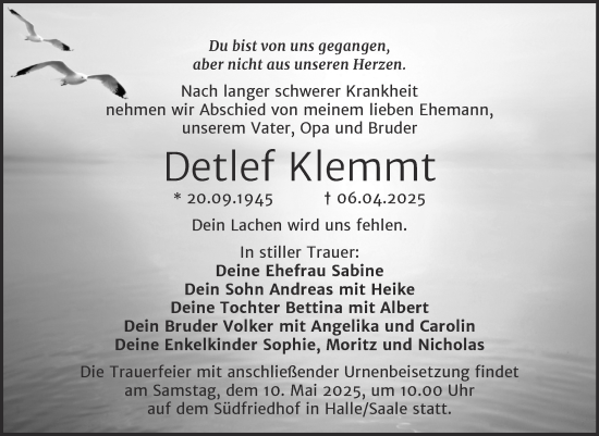 Traueranzeige von Detlef Klemmt von Mitteldeutsche Zeitung Halle/Saalkreis