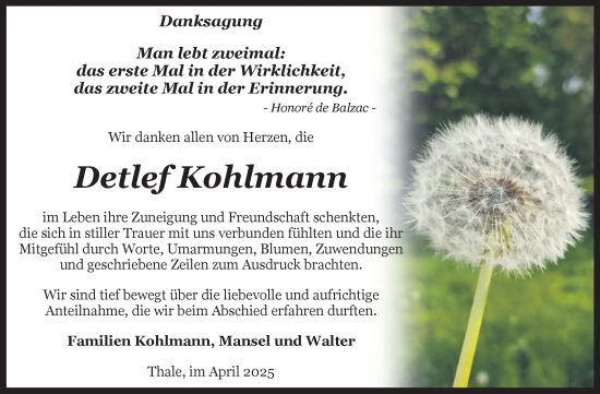 Traueranzeige von Detlef Kohlmann von Trauerkombi Quedlinburg