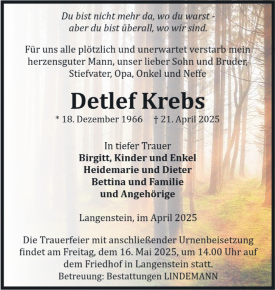 Traueranzeige von Detlef Krebs von Volksstimme Halberstadt