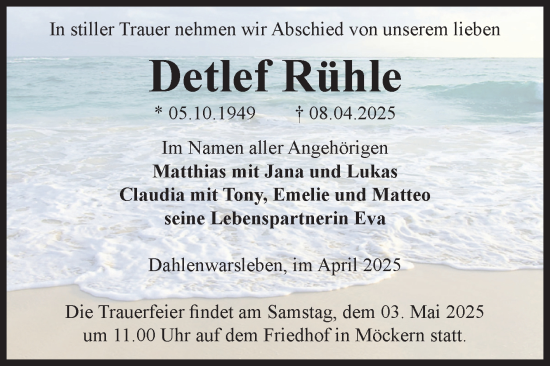 Traueranzeige von Detlef Rühle von Volksstimme Burg/Genthin