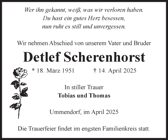 Traueranzeige von Detlef Scherenhorst von Volksstimme Oschersleben/Wanzleben