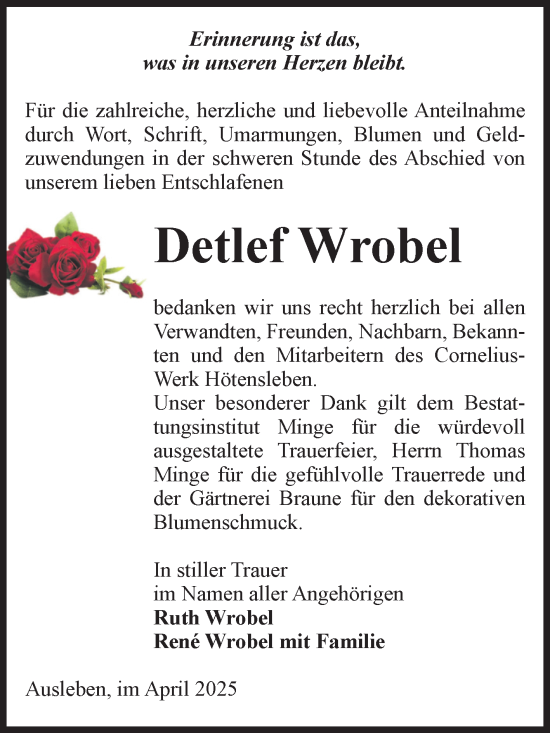 Traueranzeige von Detlef Wrobel von Volksstimme Oschersleben/Wanzleben