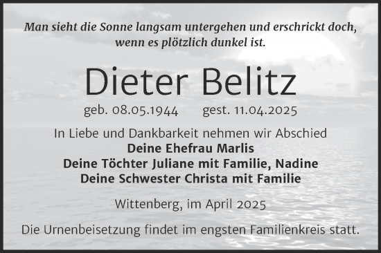 Traueranzeige von Dieter Belitz von Trauerkombi Wittenberg