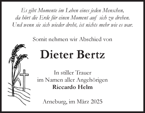 Traueranzeige von Dieter Bertz von Volksstimme Altmark Ost