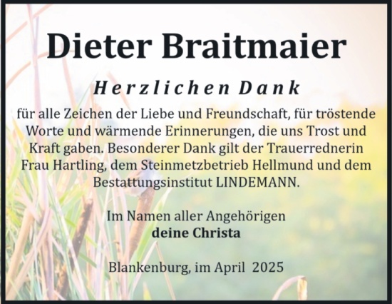 Traueranzeige von Dieter Braitmaier von Volksstimme Wernigerode