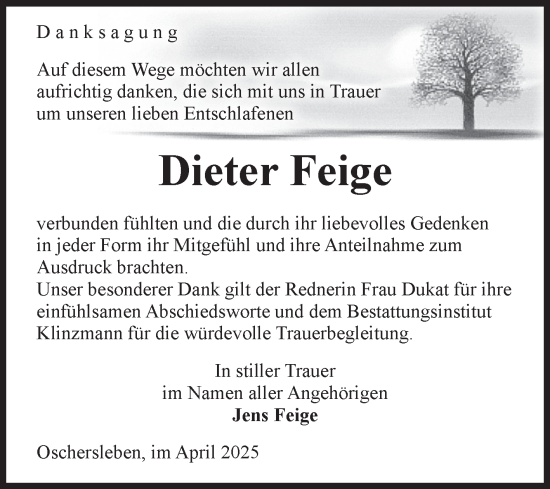 Traueranzeige von Dieter Feige von Volksstimme Oschersleben/Wanzleben