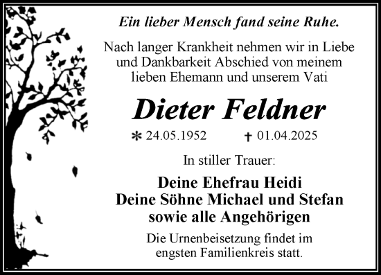 Traueranzeige von Dieter Feldner von Trauerkombi Dessau