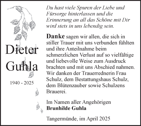 Traueranzeige von Dieter Guhla von Volksstimme Altmark Ost