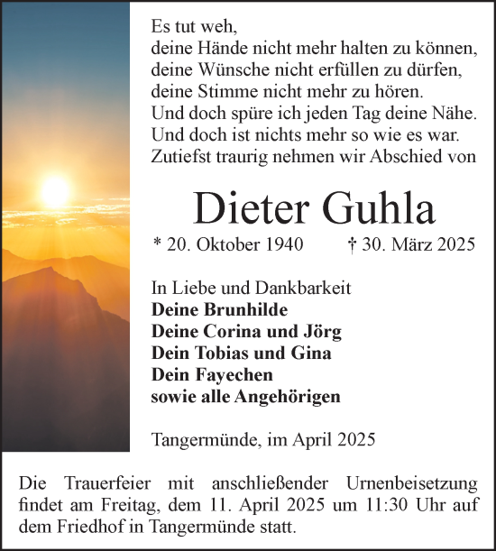 Traueranzeige von Dieter Guhla von Volksstimme Altmark Ost