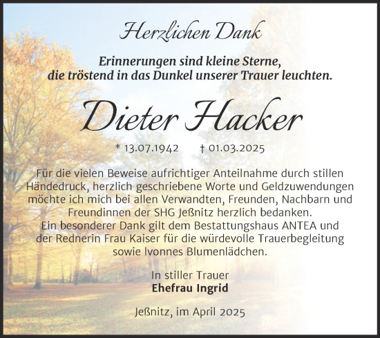 Traueranzeige von Dieter Hacker von Trauerkombi Bitterfeld