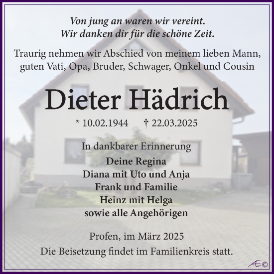 Traueranzeige von Dieter Hädrich von Trauerkombi Zeitz
