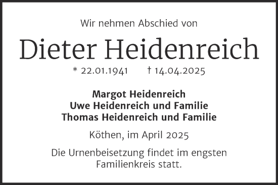 Traueranzeige von Dieter Heidenreich von Trauerkombi Köthen