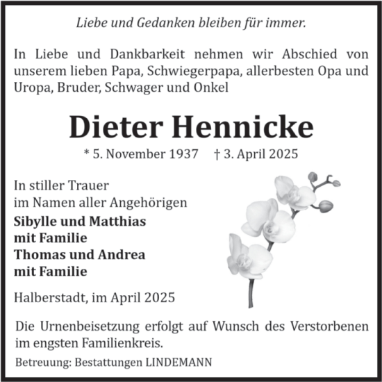 Traueranzeige von Dieter Hennicke von Volksstimme Halberstadt