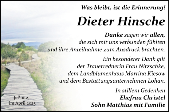 Traueranzeige von Dieter Hinsche von Trauerkombi Bitterfeld
