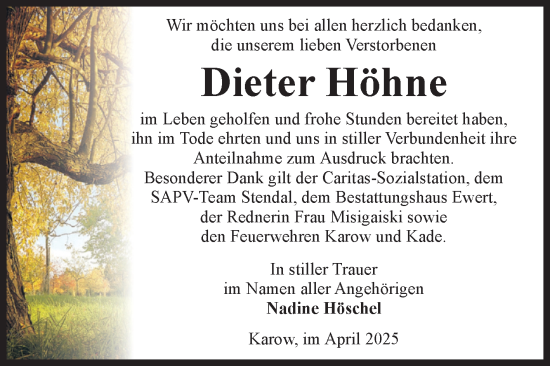 Traueranzeige von Dieter Höhne von Volksstimme Burg/Genthin
