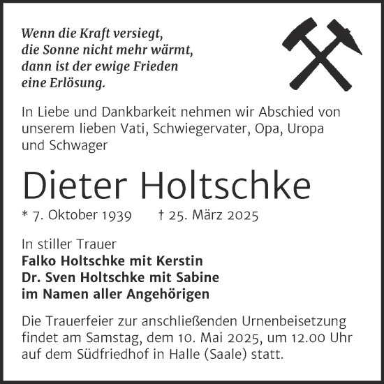Traueranzeige von Dieter Holtschke von Mitteldeutsche Zeitung Halle/Saalkreis