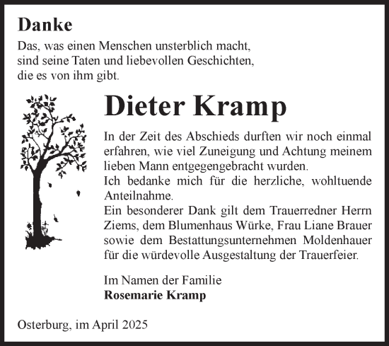 Traueranzeige von Dieter Kramp von Volksstimme Altmark Ost