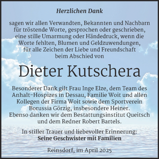 Traueranzeige von Dieter Kutschera von Trauerkombi Köthen