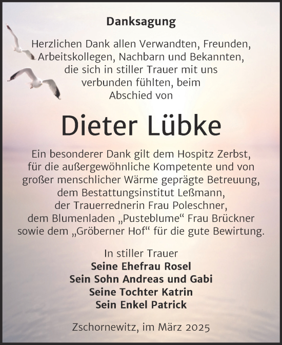 Traueranzeige von Dieter Lübke von Trauerkombi Wittenberg