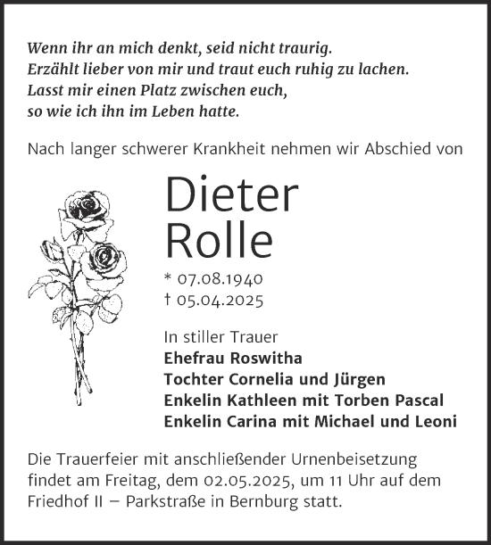 Traueranzeige von Dieter Rolle von Trauerkombi Bernburg