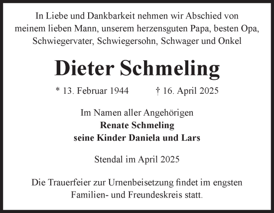 Traueranzeige von Dieter Schmeling von Volksstimme Altmark Ost