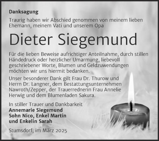 Traueranzeige von Dieter Siegemund von Trauerkombi Bitterfeld