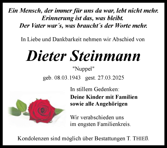 Traueranzeige von Dieter Steinmann von Trauerkombi Quedlinburg