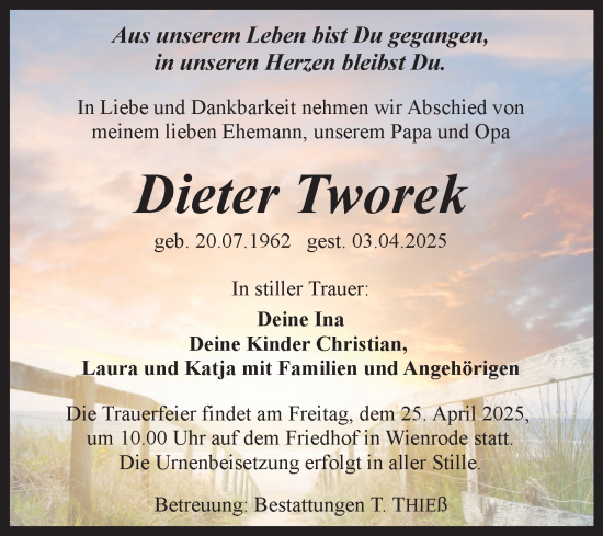 Traueranzeige von Dieter Tworek von Volksstimme Wernigerode