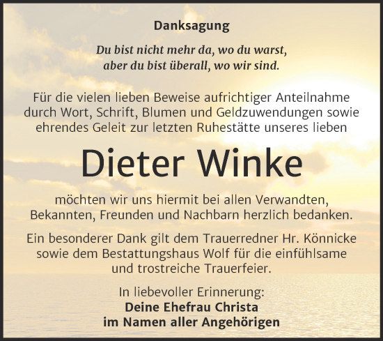 Traueranzeige von Dieter Winke von Trauerkombi Weißenfels