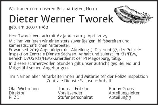 Traueranzeige von Dieter Werner Tworek von Volksstimme Wernigerode
