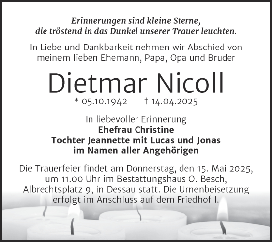 Traueranzeige von Dietmar Nicoll von Trauerkombi Dessau