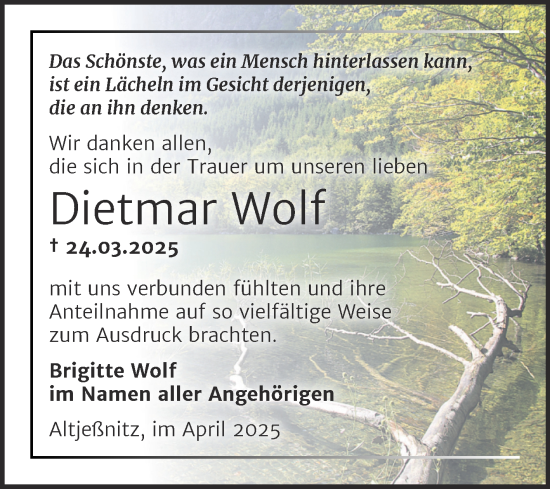Traueranzeige von Dietmar Wolf von Trauerkombi Bitterfeld