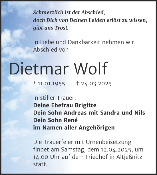 Traueranzeige von Dietmar Wolf von Trauerkombi Bitterfeld