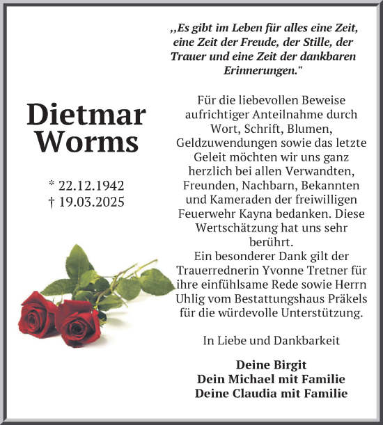 Traueranzeige von Dietmar Worms von Trauerkombi Zeitz