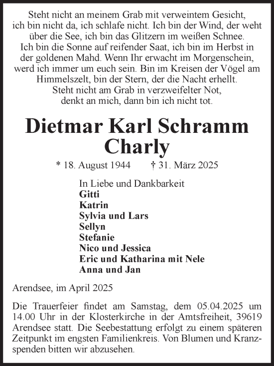 Traueranzeige von Dietmar Karl Schramm von Volksstimme Altmark West