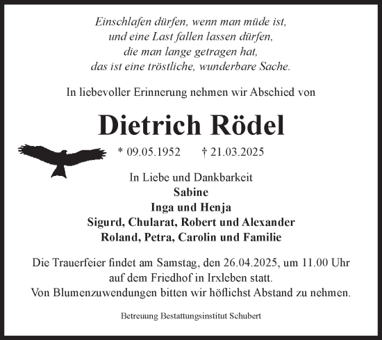 Traueranzeige von Dietrich Rödel von Volksstimme Haldensleben/Wolmirstedt