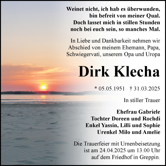 Traueranzeige von Dirk Klecha von Trauerkombi Bitterfeld