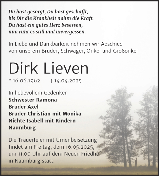 Traueranzeige von Dirk Lieven von Super Sonntag Naumburg/Nebra