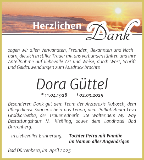 Traueranzeige von Dora Güttel von Trauerkombi Merseburg