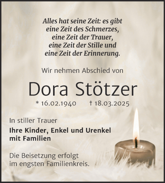 Traueranzeige von Dora Stötzer von Trauerkombi Bernburg