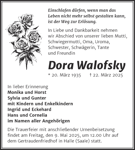 Traueranzeige von Dora Walofsky von Mitteldeutsche Zeitung Halle/Saalkreis